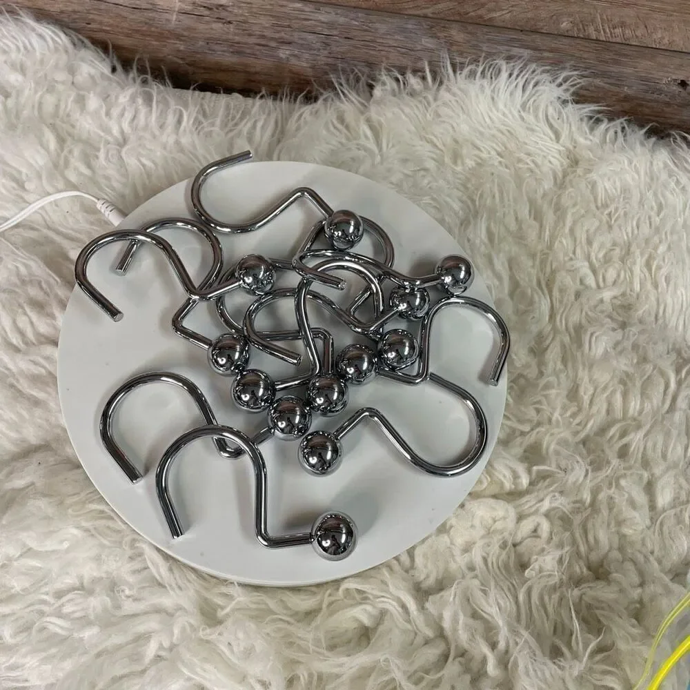 Chrome Shower Curtain Hooks (12) Modern S Shaped Metal Glide Hook Ball End